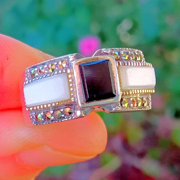 Vintage Jewelry - Vintage Art Deco Onyx Marcasite Mother of Pearl Sterling Silver Band Ring